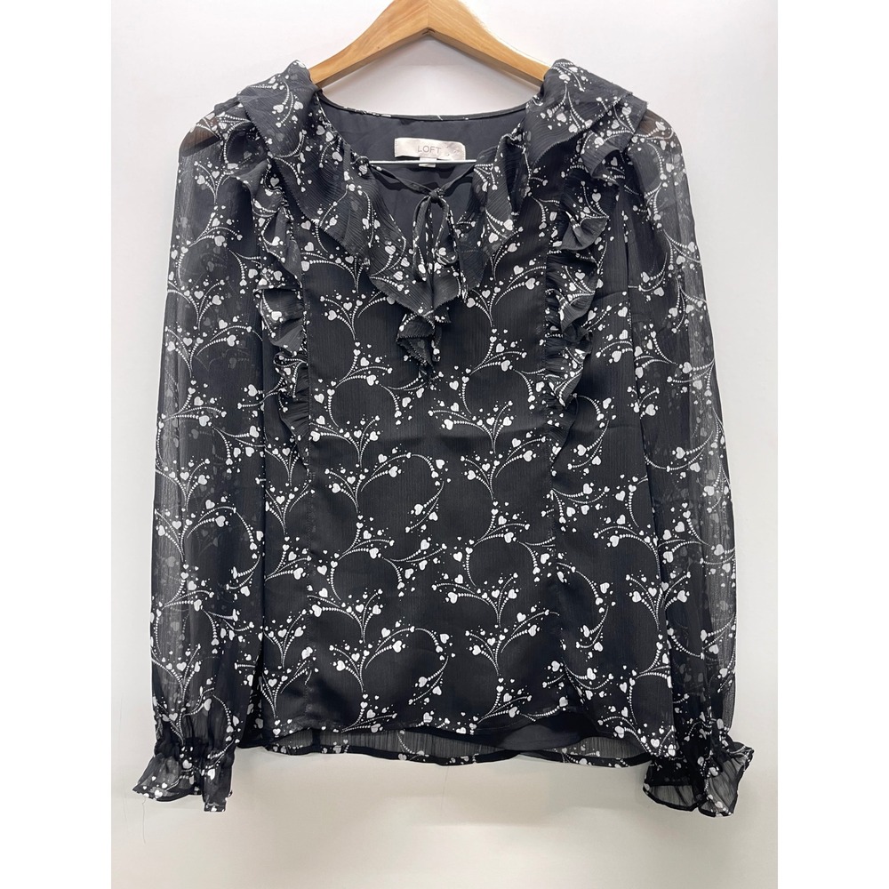 Loft Black White Heart Floral Ruffle V-Neck Blouse Small Long Sleeve Chiffon Top